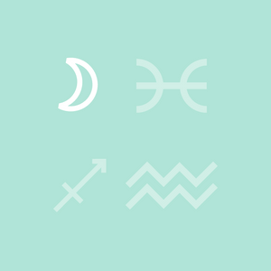 A pale green graphic featuring 4 astrological symbols which represent the moon, and the zodiac sign Pisces, Sagittarius and Aquarius.
